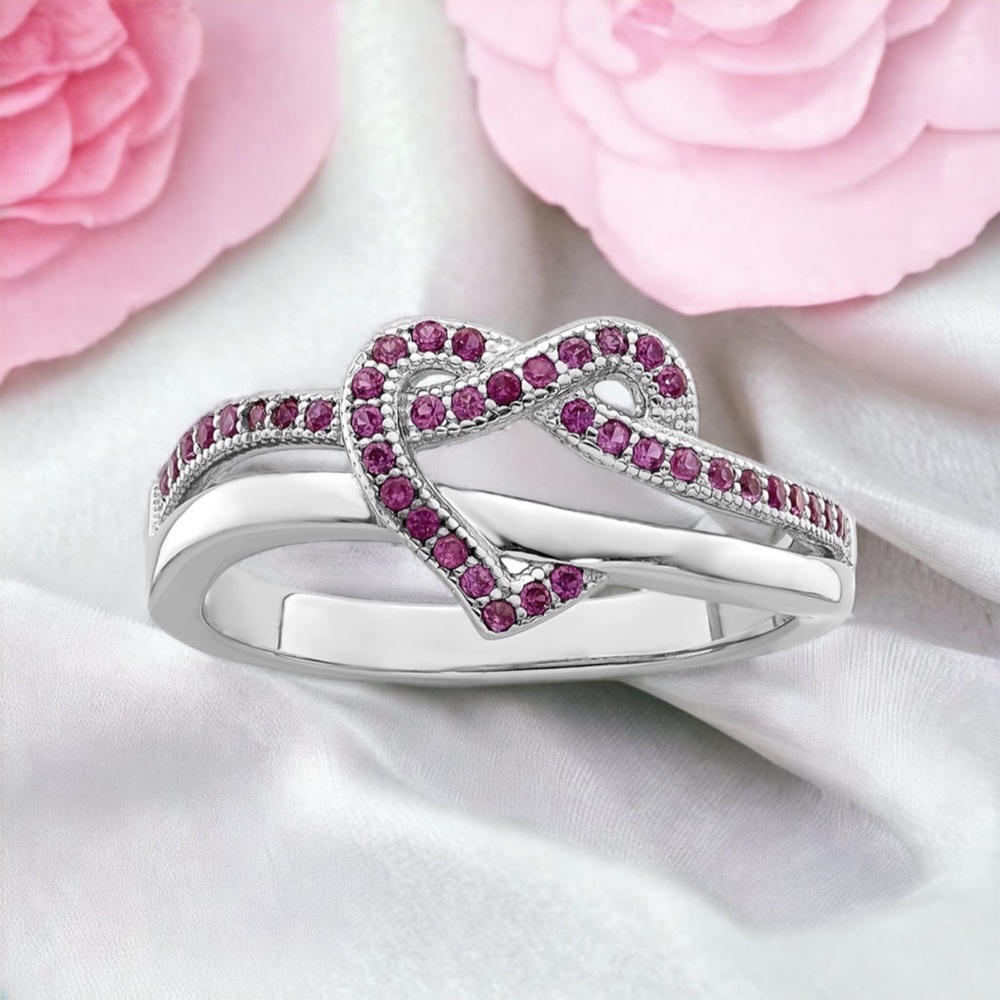 925 Sterling Silver 41 Stone Micro Pave Red and White CZ Heart Ring